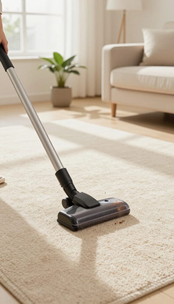 Person vacuuming carpet diagonally in bright living room with natural light