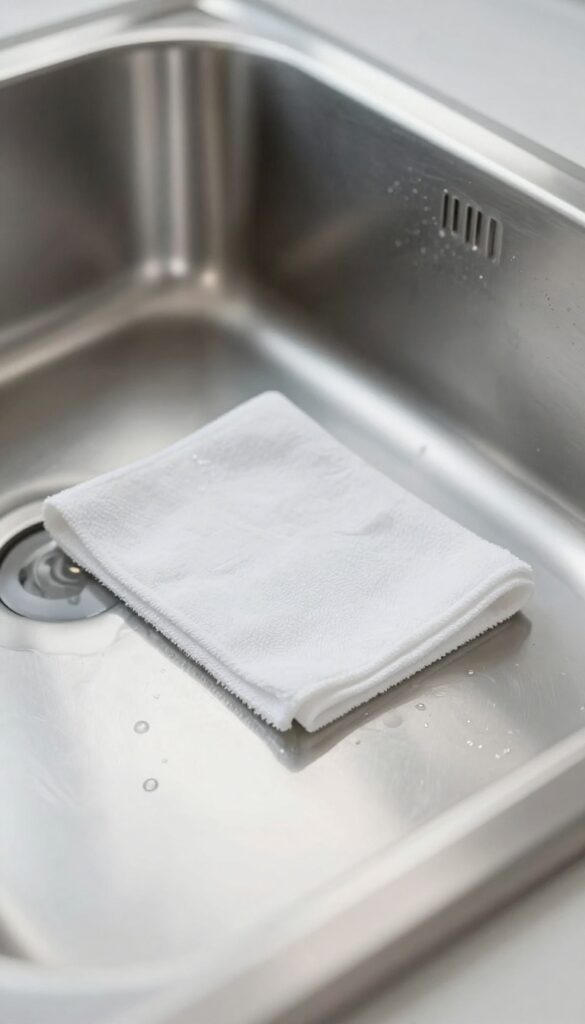 Microfiber cloth on a shiny stainless steel sink