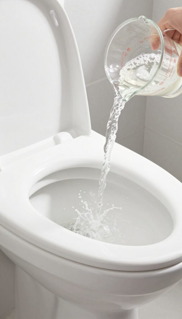 Pouring white vinegar into a toilet bowl to soak overnight for hard water stain removal