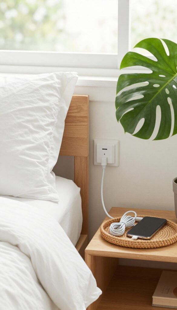 Organized cables and chargers on a bedroom nightstand with cable ties and a tray