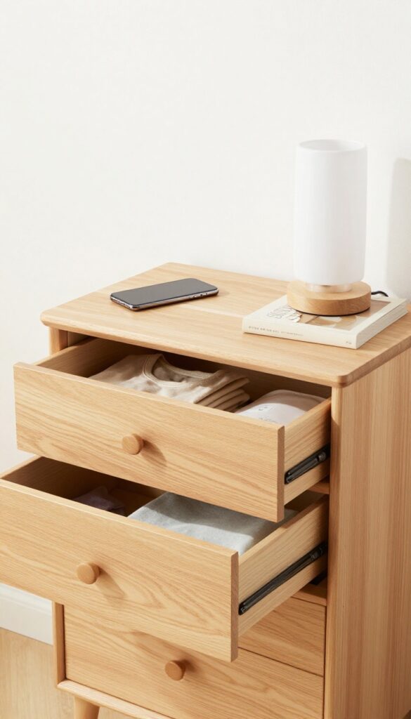 Clean bedroom nightstand and dresser with minimal decor and organized drawers