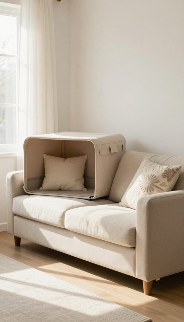 Dog crate with custom cover matching sofa fabric in a bright living room