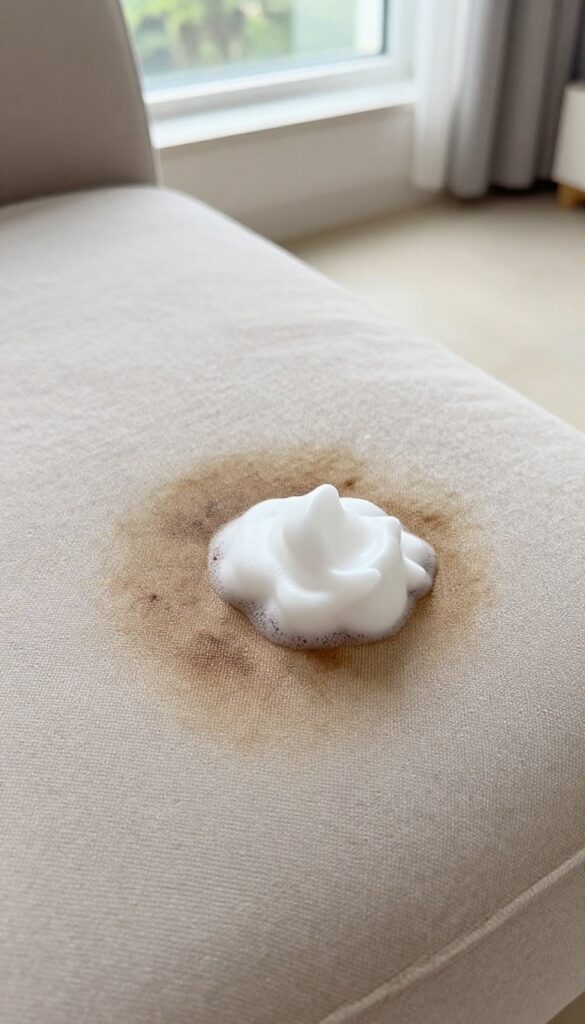 Applying shaving cream to a set-in stain on a fabric couch cushion
