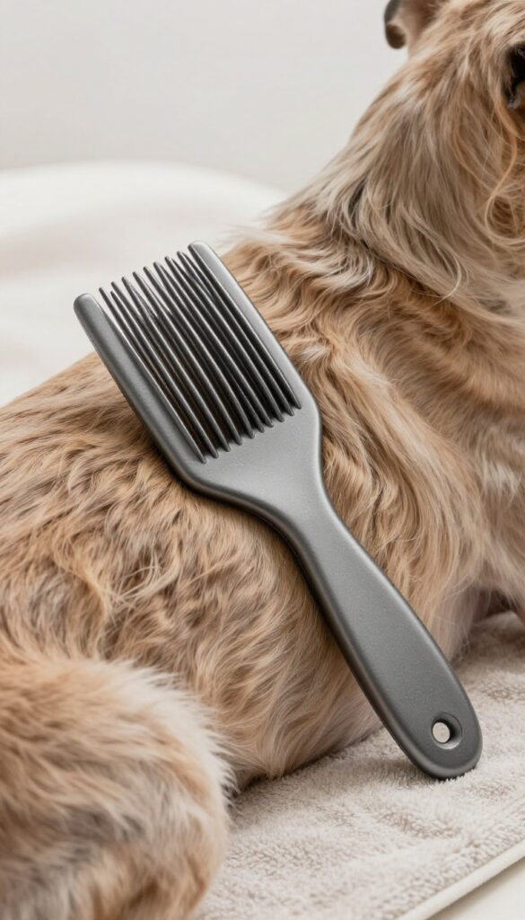 Metal greyhound comb on a towel next to a dog's smooth fur