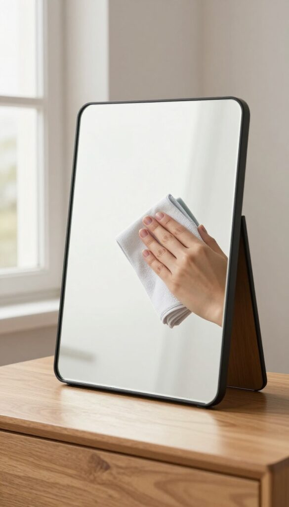 Cleaning a bedroom mirror with a microfiber cloth, streak-free reflection, bright natural light