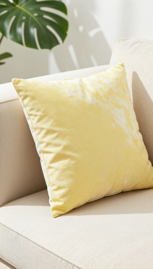 Close-up of a light beige couch cushion with a lemon slice on it in sunlight, showing fabric whitening effect