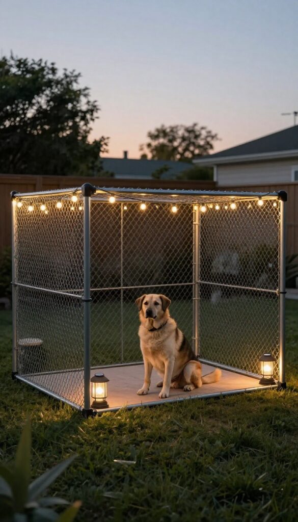 Chain link dog kennel illuminated with string lights and solar lanterns at dusk
