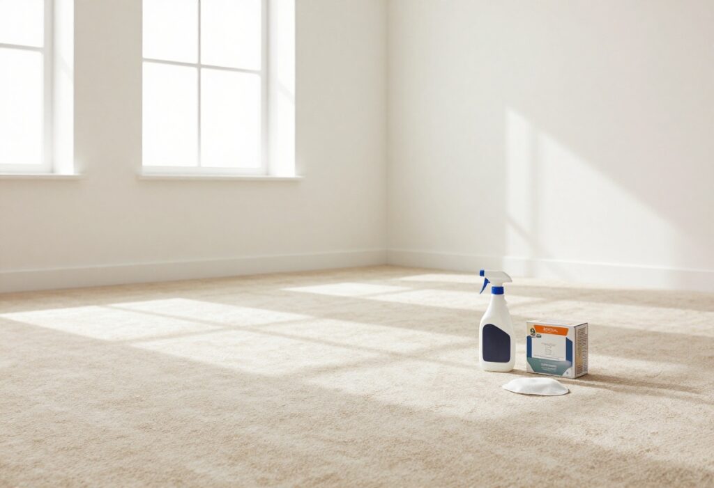 DIY carpet cleaning supplies on a fresh, soft carpet in a sunlit room