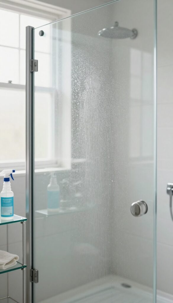 Hydrogen peroxide spray bottle on a glass shelf next to a sparkling clean shower glass door in a bright bathroom