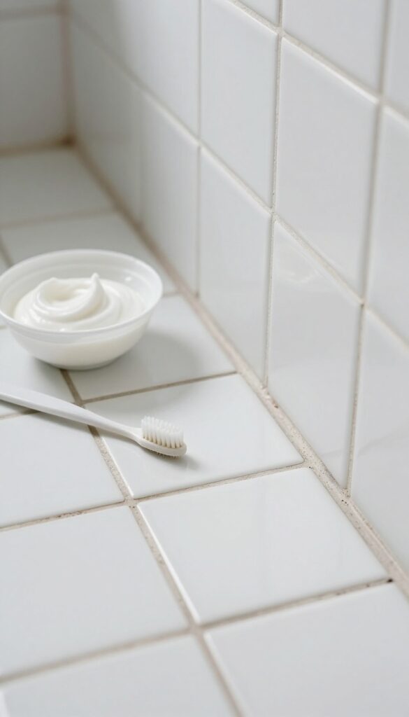 Baking soda and vinegar paste on bathroom grout with a toothbrush for cleaning