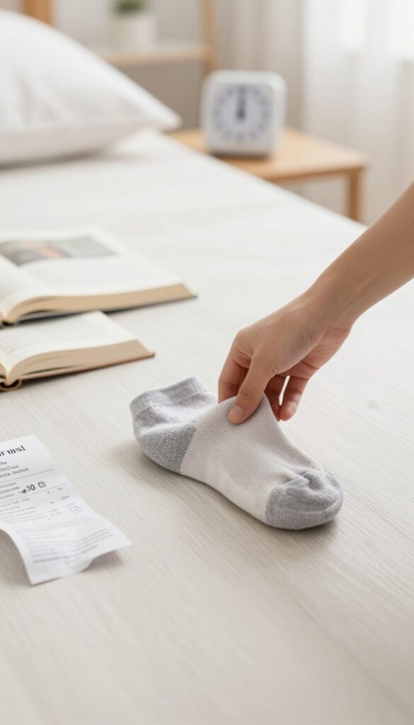 Person doing a one-minute floor pickup in a bedroom, picking up a shoe with a timer in background