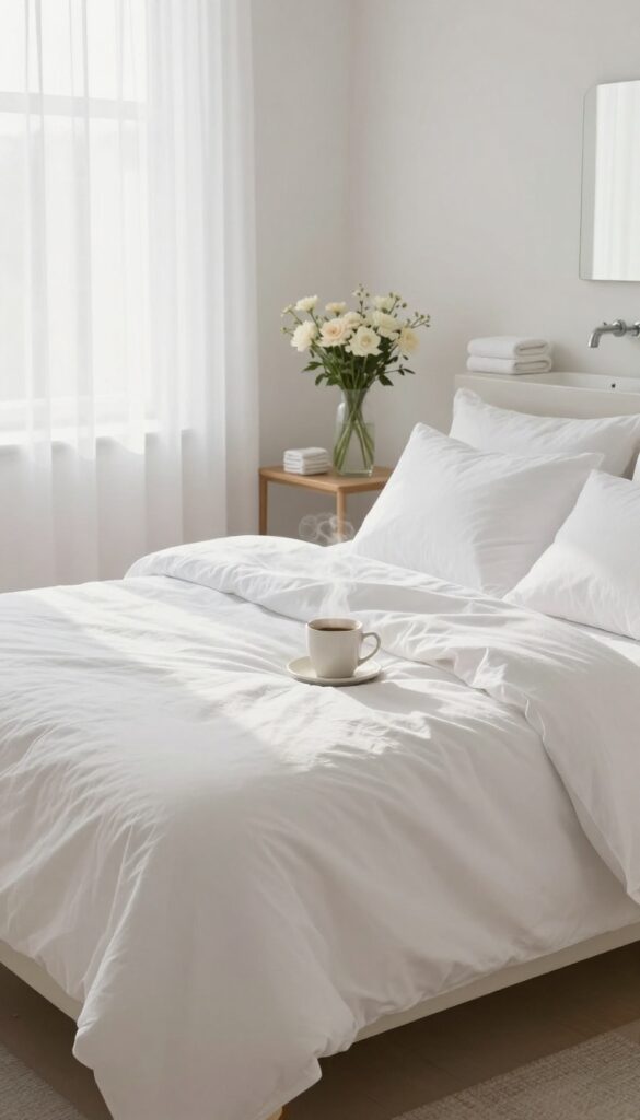 Bright bedroom with made bed, morning coffee, and clean bathroom sink in background