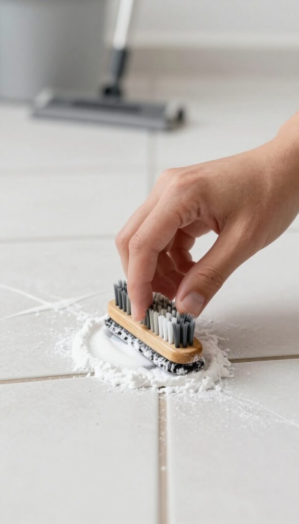Person scrubbing grout lines with a toothbrush and baking soda paste on a tile floor.