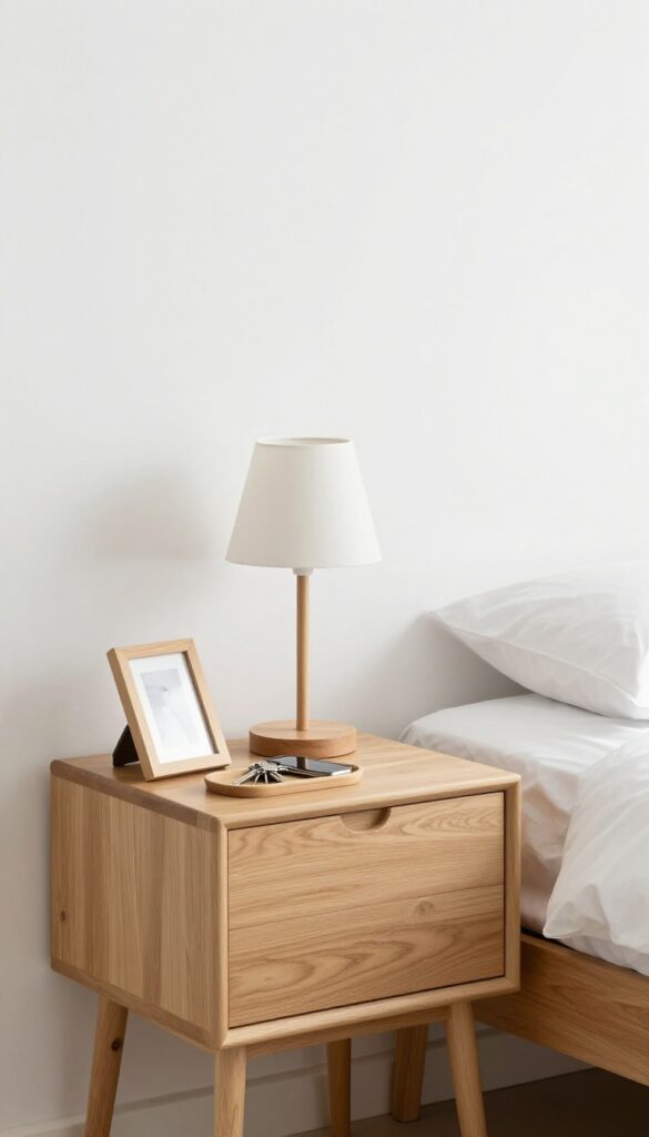 Clean nightstand with minimal items, no clutter, bright natural light