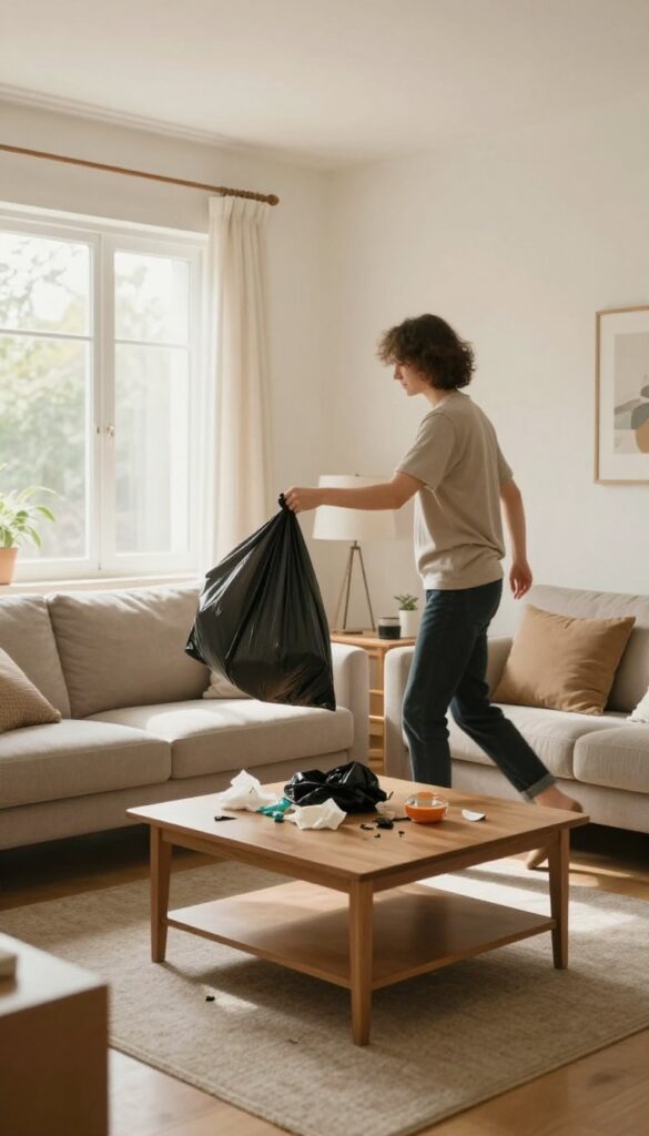 Person holding a trash bag while decluttering a living room