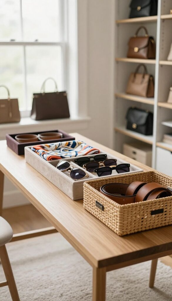 Organized accessories on a table in a bright closet, including belts, scarves, sunglasses, and bags in storage bins.