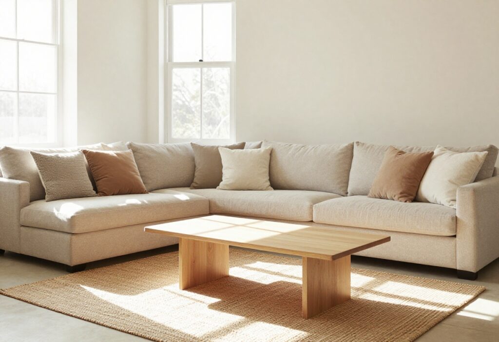 A tidy and calm living room with sunlight, clean surfaces, and organized decor.