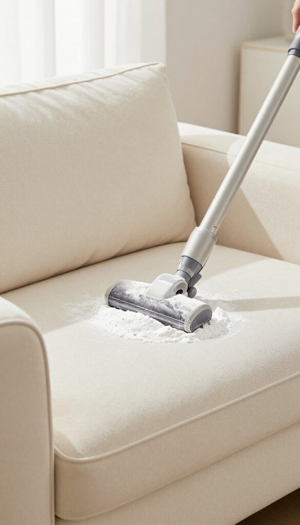 Baking soda sprinkled on a fabric sofa for odor removal, with a vacuum nearby.