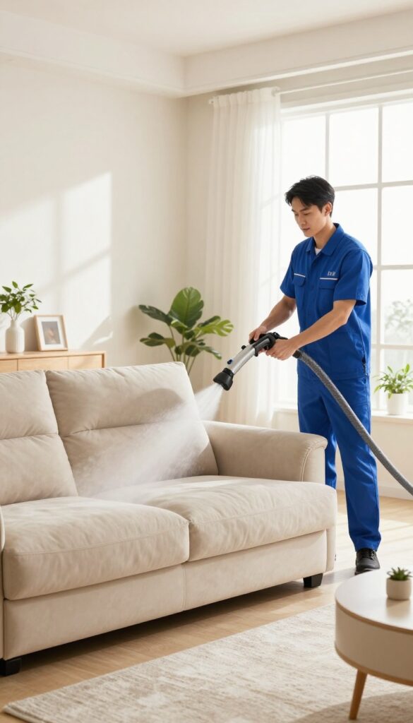 Professional upholstery cleaner using steam cleaning machine on a beige sofa in a bright living room