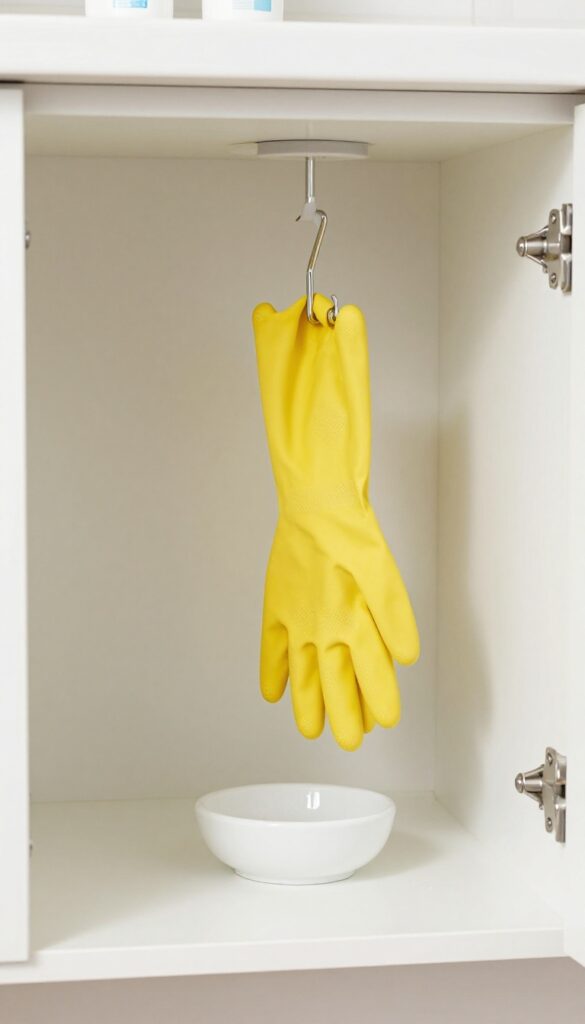 Open cabinet under sink with rubber gloves hanging on hook and drip tray below
