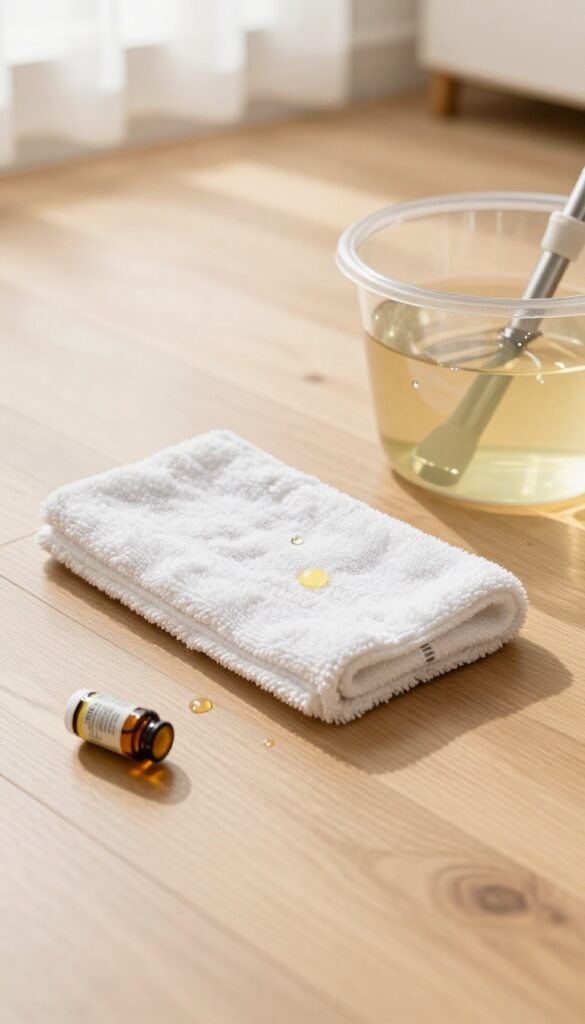 Mopping a wooden floor with essential oil drops in a bucket