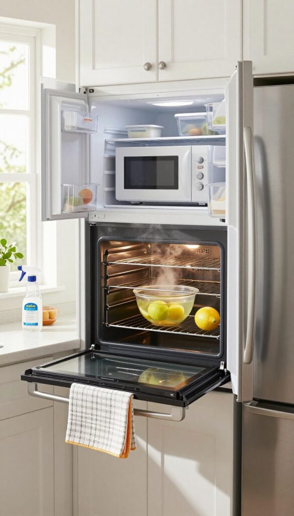 Clean kitchen with open oven and microwave, organized refrigerator, and cleaning supplies on counter