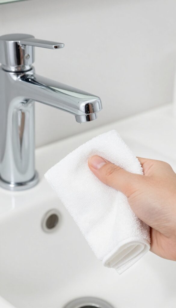 Hand wiping a chrome faucet with a dry microfiber cloth in a bright, clean bathroom