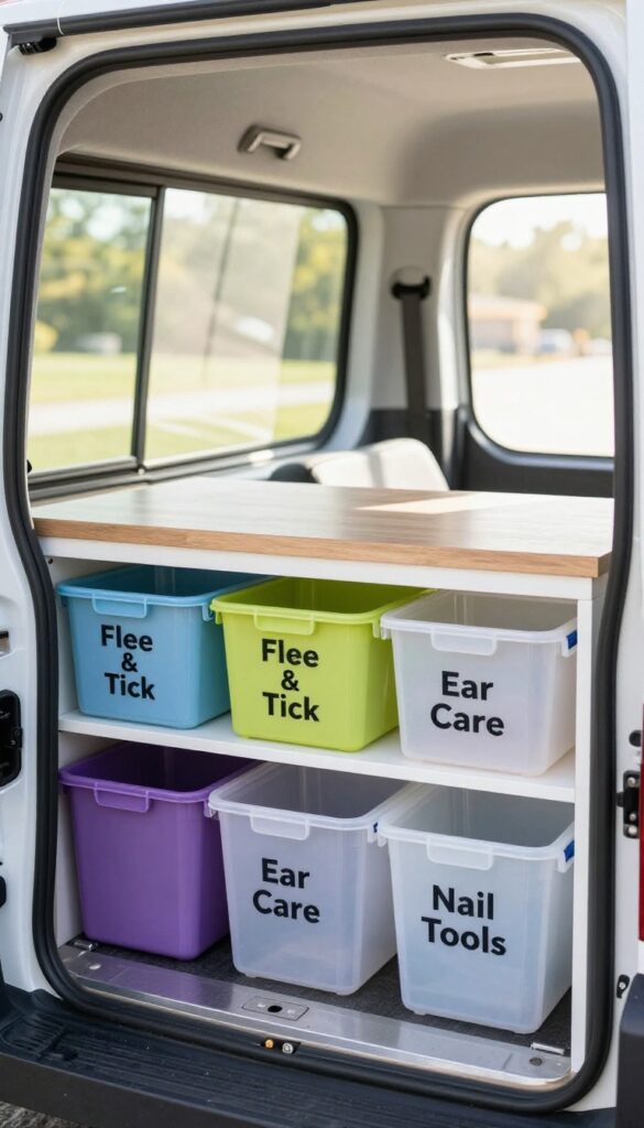 Modular storage cubes with labels inside a dog grooming van