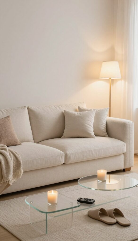 Cozy living room at night with tidy sofa, clear coffee table, and warm lighting, ready for morning.