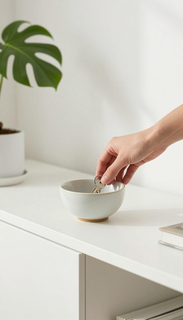 A hand placing keys into a bowl on a clean entryway table, illustrating the one-touch rule for home organization.