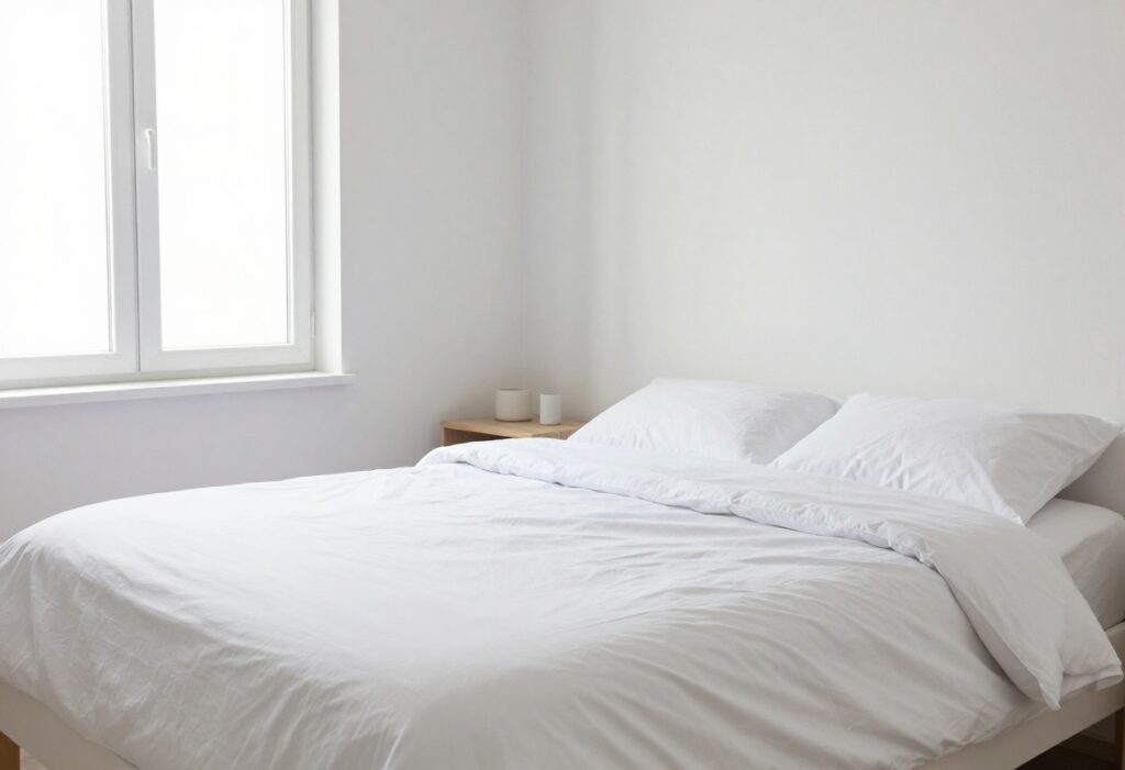 A clean and organized bedroom with a made bed and minimal clutter, bathed in natural light.