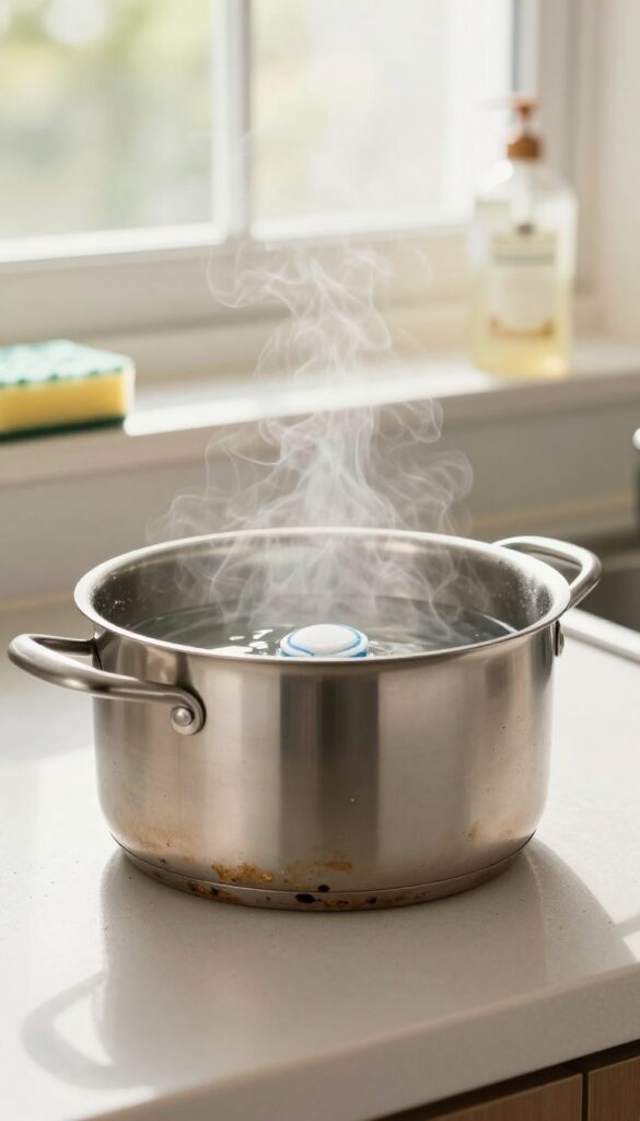 Dishwasher tablet soaking in a burnt pot to lift charred residue
