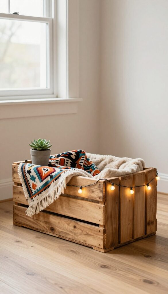 Repurposed wooden crate dog bed with boho cushion and fairy lights in a bright room