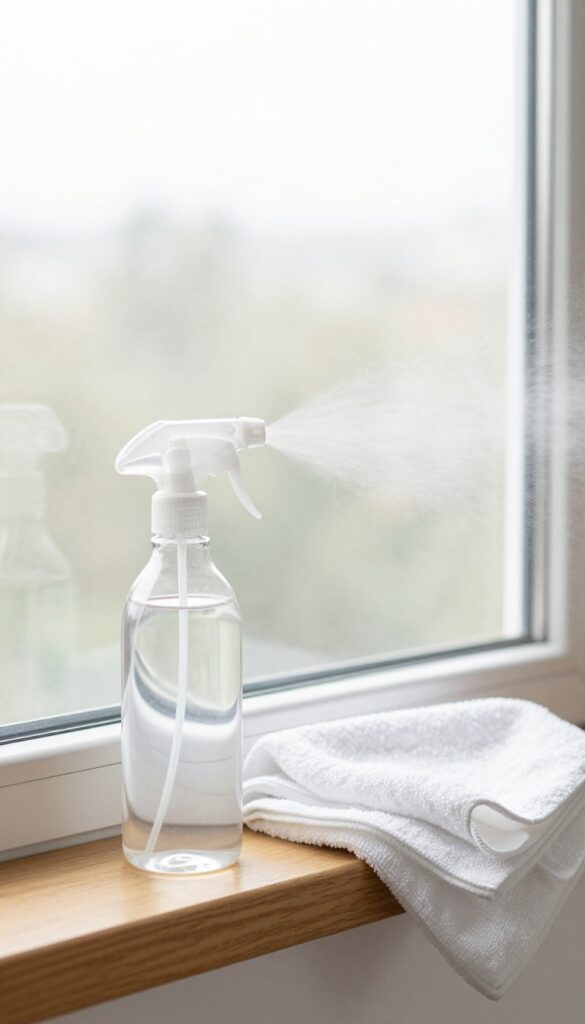 Spray bottle misting vinegar and water solution onto a window for streak-free cleaning.