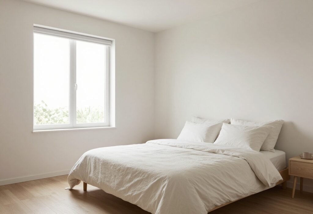 Clean and calm bedroom with fresh bedding and natural light
