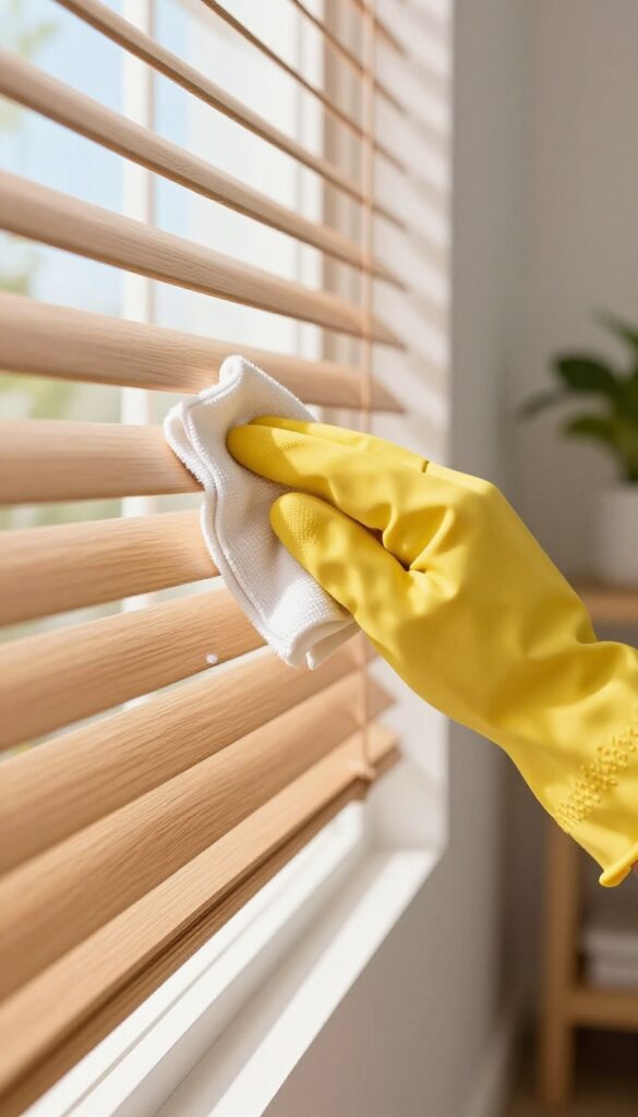 Hand wiping a faux wood blind slat with a damp microfiber cloth, bright natural light, clean and fresh home cleaning scene.