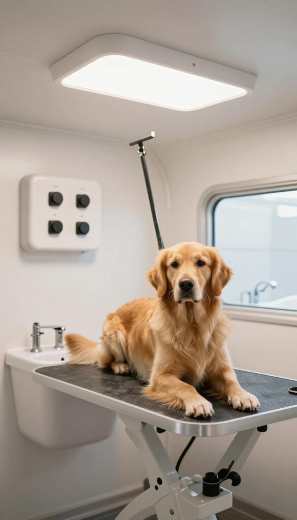 Overhead lighting with dimmers in a dog grooming trailer