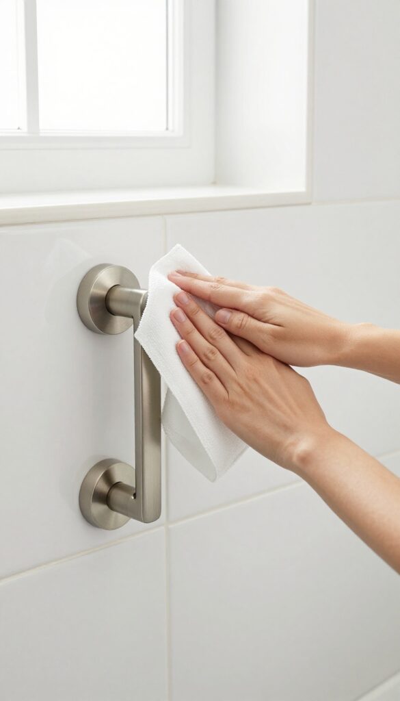 Person disinfecting bathroom door knob and handle with a wipe in a bright, clean bathroom