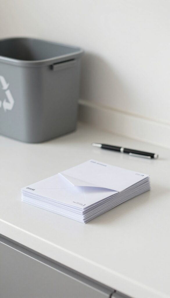 Hand sorting mail on a bright kitchen counter, illustrating the two-minute rule for quick tasks.