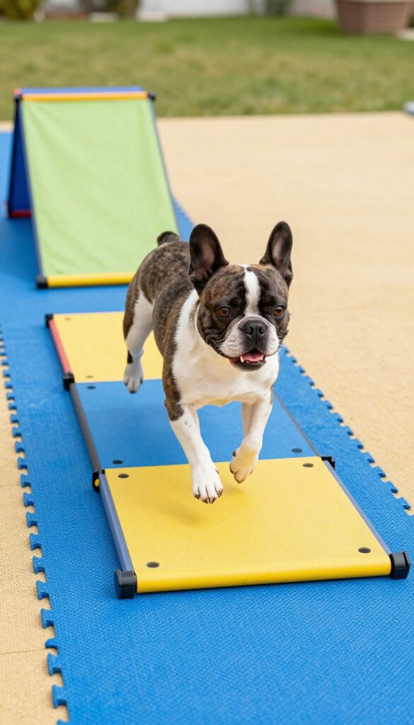 Small dog jumping over a low agility jump on padded rubber mats in a sunny backyard with tunnel and weave poles