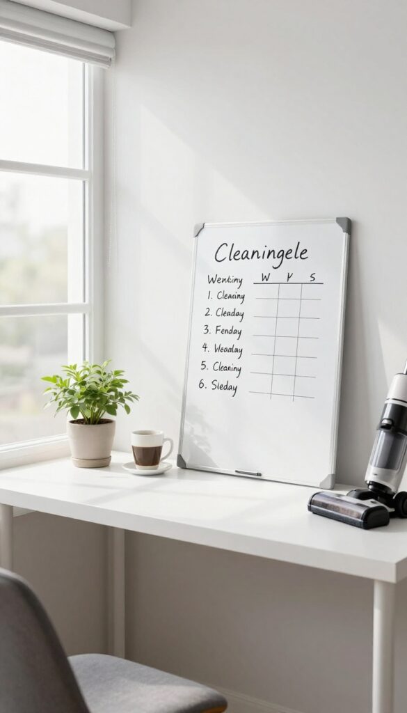 A clean living room with a whiteboard showing a weekly cleaning schedule, a vacuum, and a dusting cloth, representing a cleaning routine.