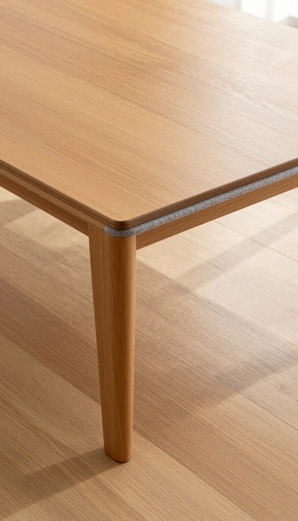 Close-up of a furniture leg on a felt pad protecting a shiny laminate wood floor