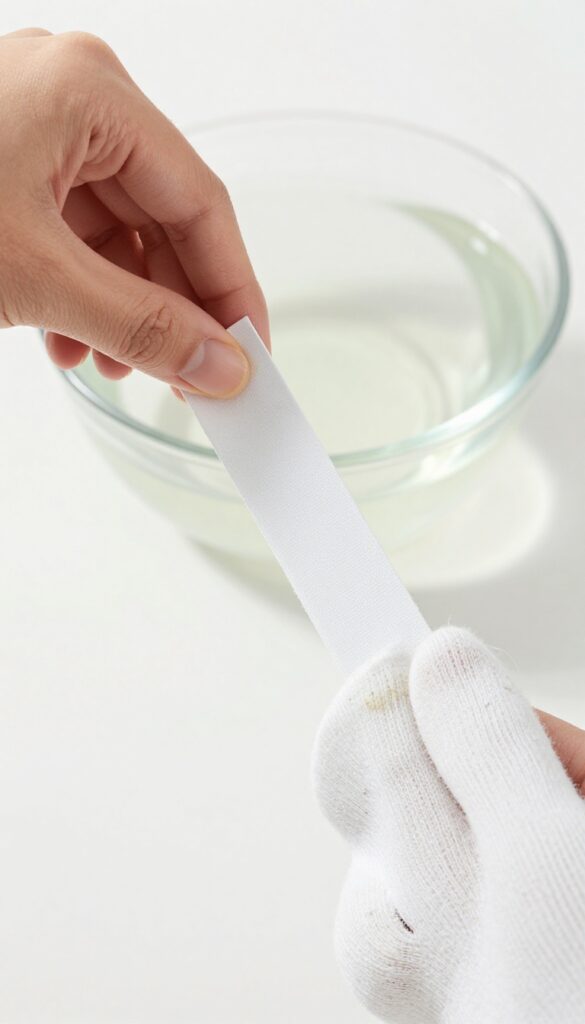 Hand in sock cleaning a venetian blind slat with vinegar solution