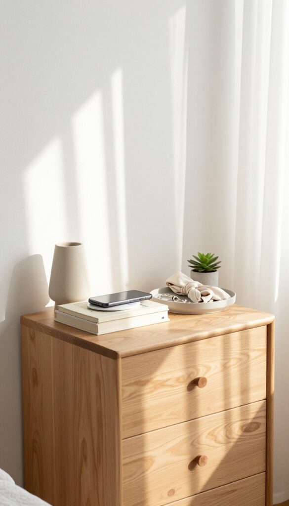 Clean minimalist bedroom nightstand and dresser with only essential items, fresh and organized after decluttering.