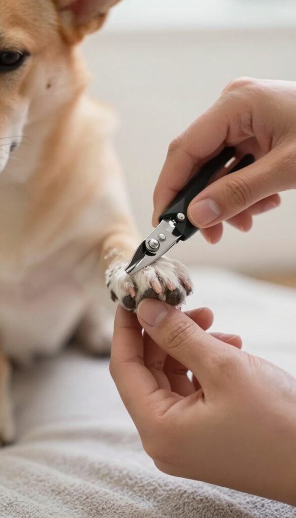 Person trimming a small dog's nails with guillotine clippers in bright natural light