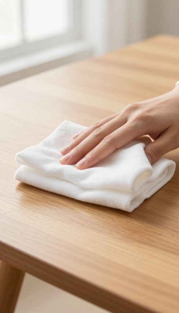 Hand buffing polished wood with a soft cotton cloth, warm shine, natural light