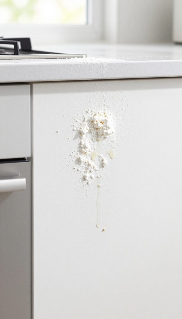 Cornstarch sprinkled on fresh grease splatters on a kitchen wall