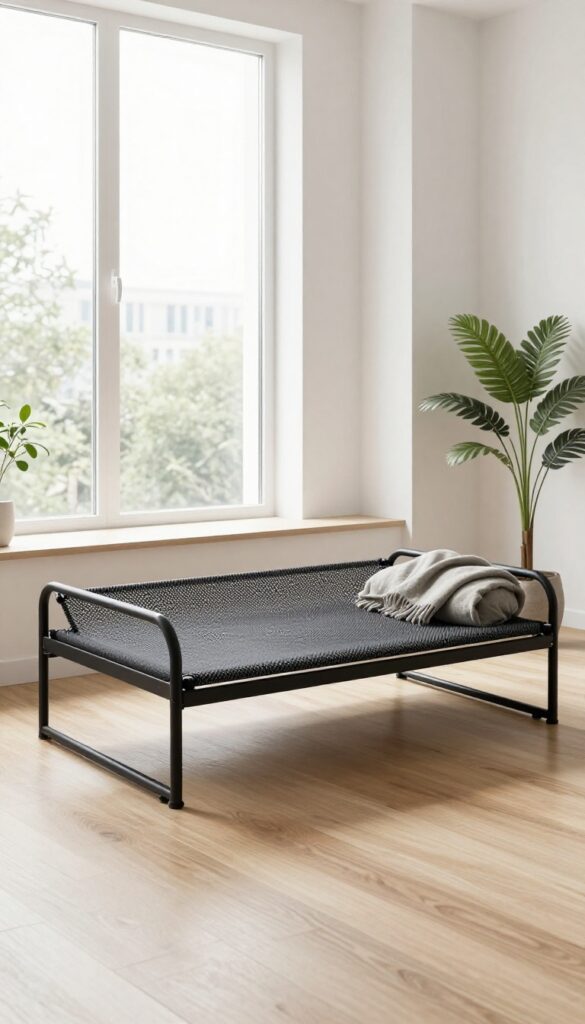 Elevated cot-style dog bed with black metal frame in a bright modern living room