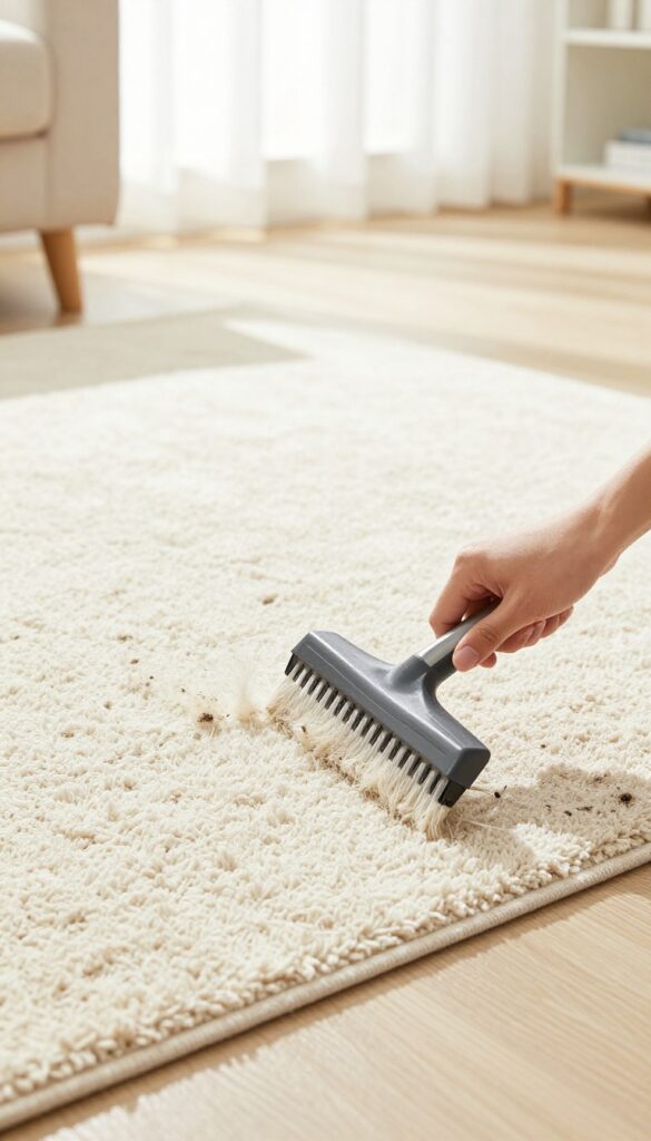 Hand using a carpet rake to lift matted rug fibers and remove embedded pet hair in a sunlit living room