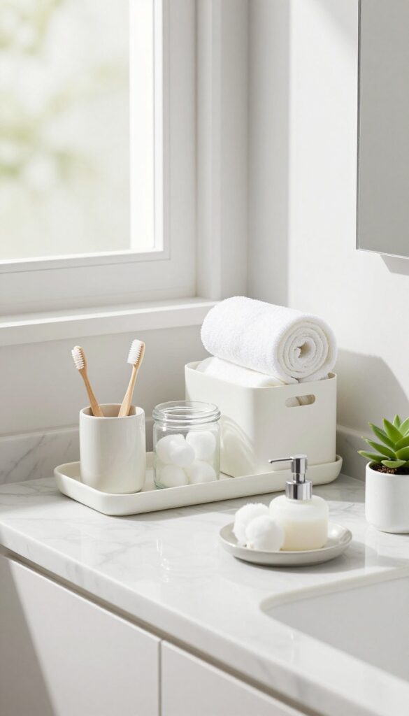 Organized bathroom storage with neatly arranged essentials in white cabinets and a clear countertop.